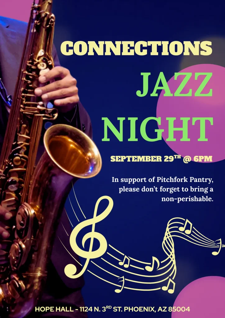 Poster for Connections Jazz Night on September 29th at 6pm at Hope Hall in Phoenix, featuring a saxophone and musical notes, requesting non-perishable donations for Pitchfork Pantry.